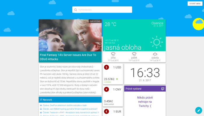 Ukázka moderní domovské stránky